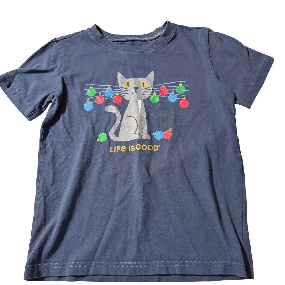 Life is Good Kids Navy Cat Christmas Light Holiday T Shirt Medium 8 boy girl